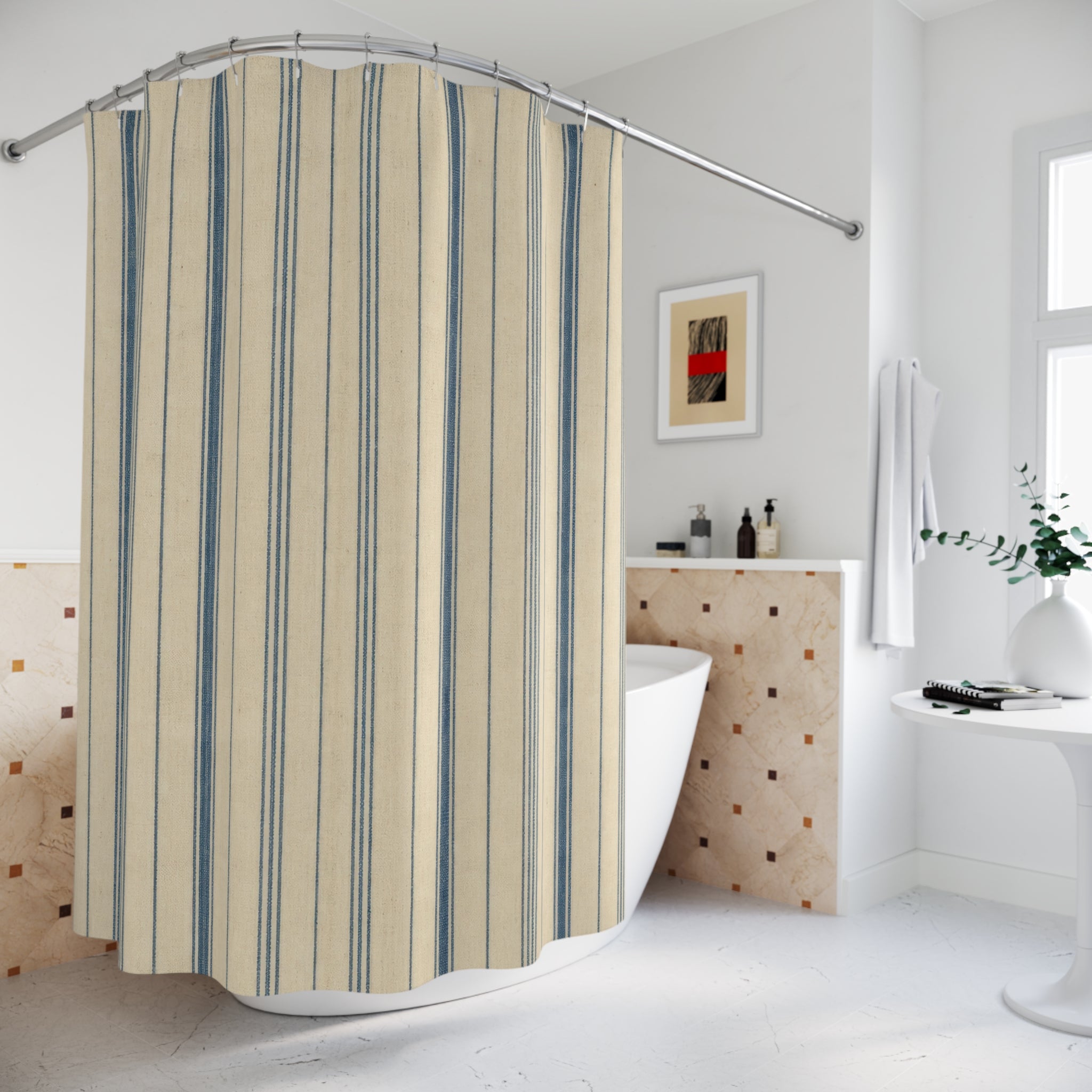 Blue Cream Ticking Stripe Shower Curtain