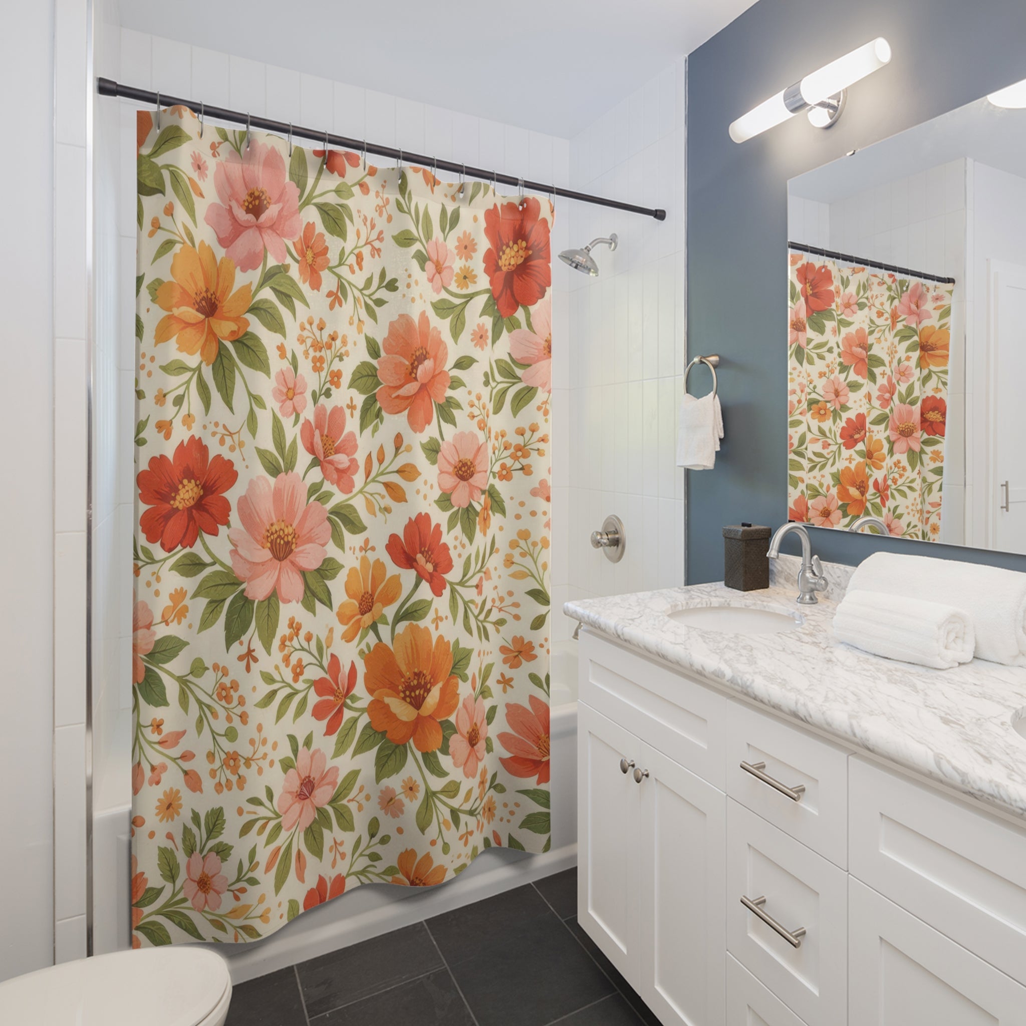 Sunset Floral Shower Curtain – Orange & Pink Boho