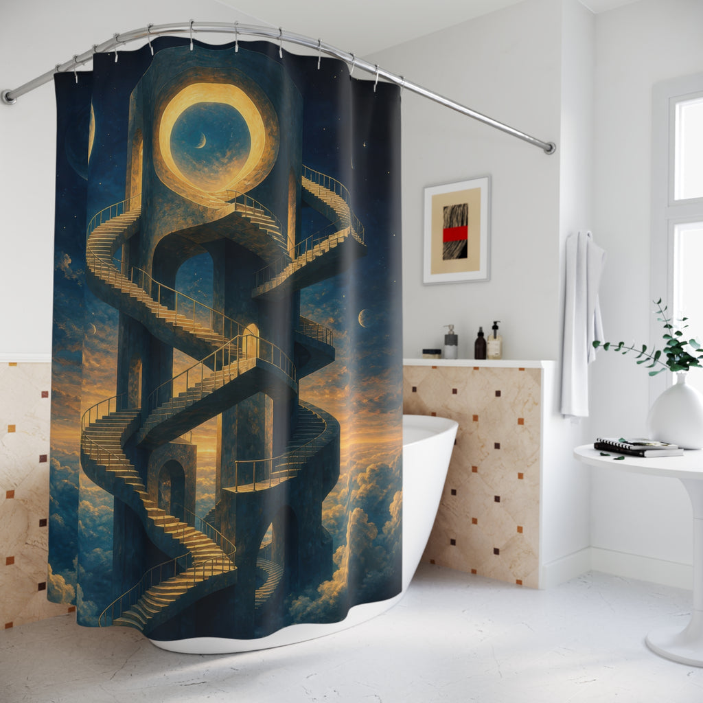 Golden staircase in a celestial tower shower curtain beside a freestanding tub