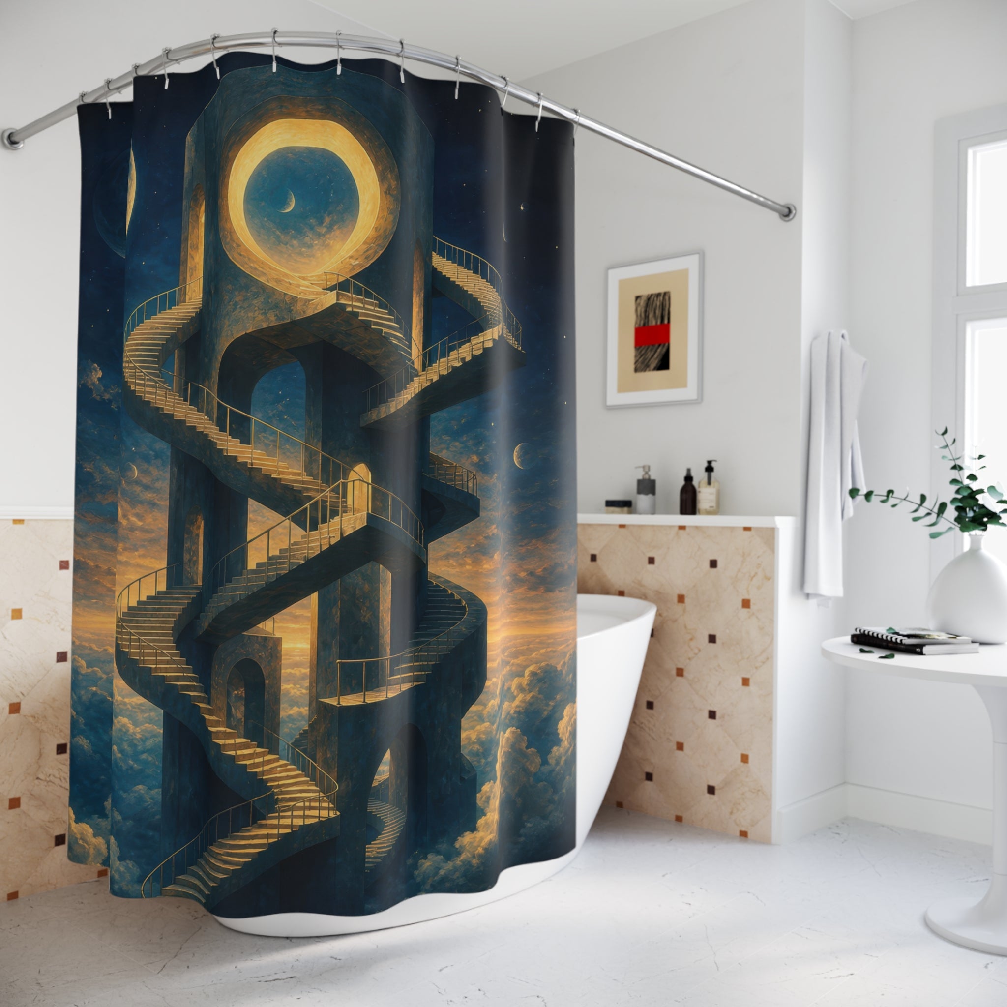 Golden staircase in a celestial tower shower curtain beside a freestanding tub