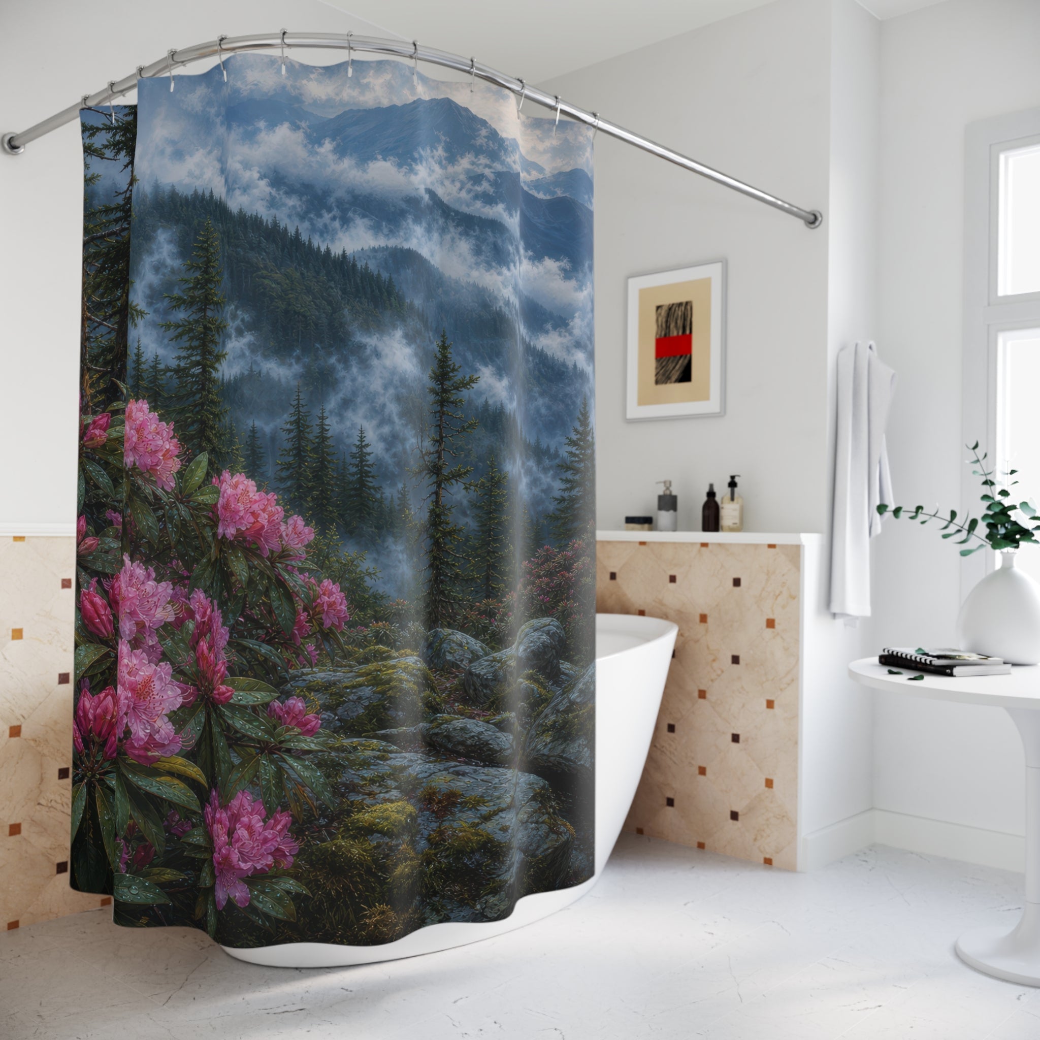 Foggy Pine Rhododendron Ridge Shower Curtain