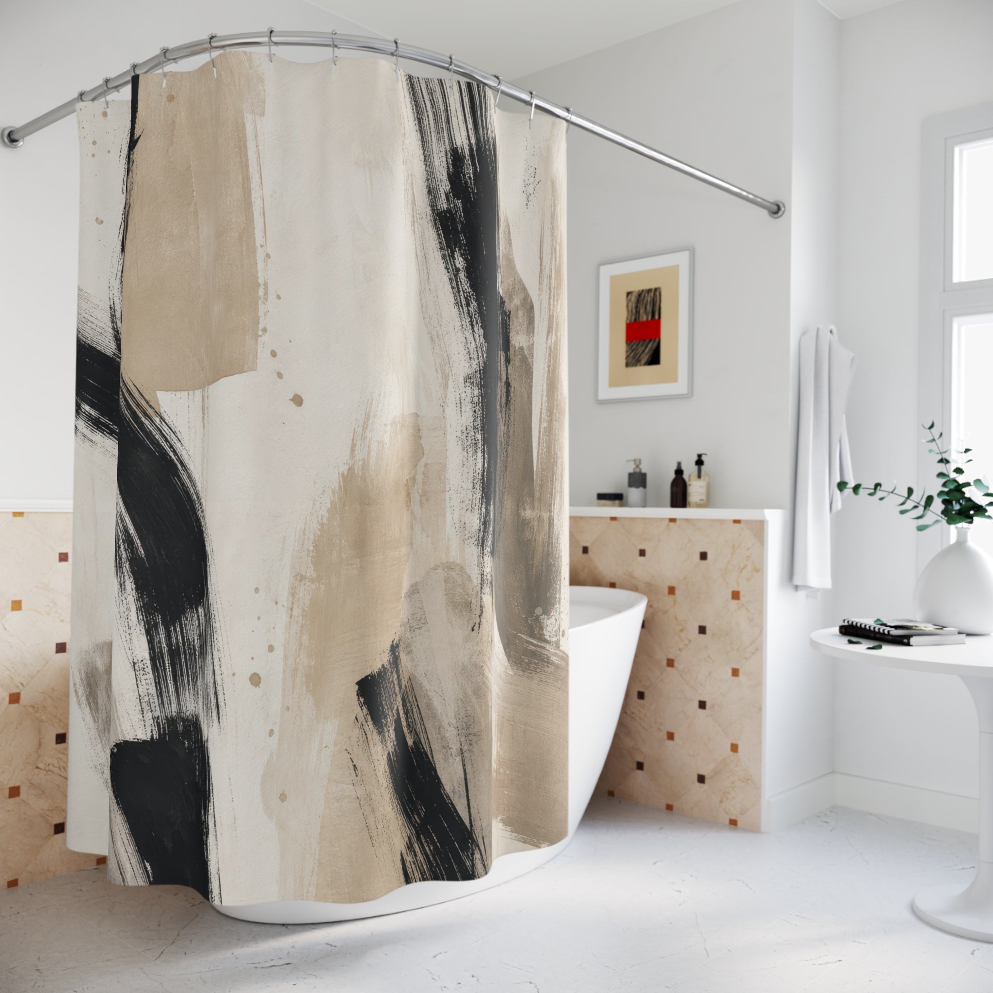 Black Beige Brushstroke Shower Curtain