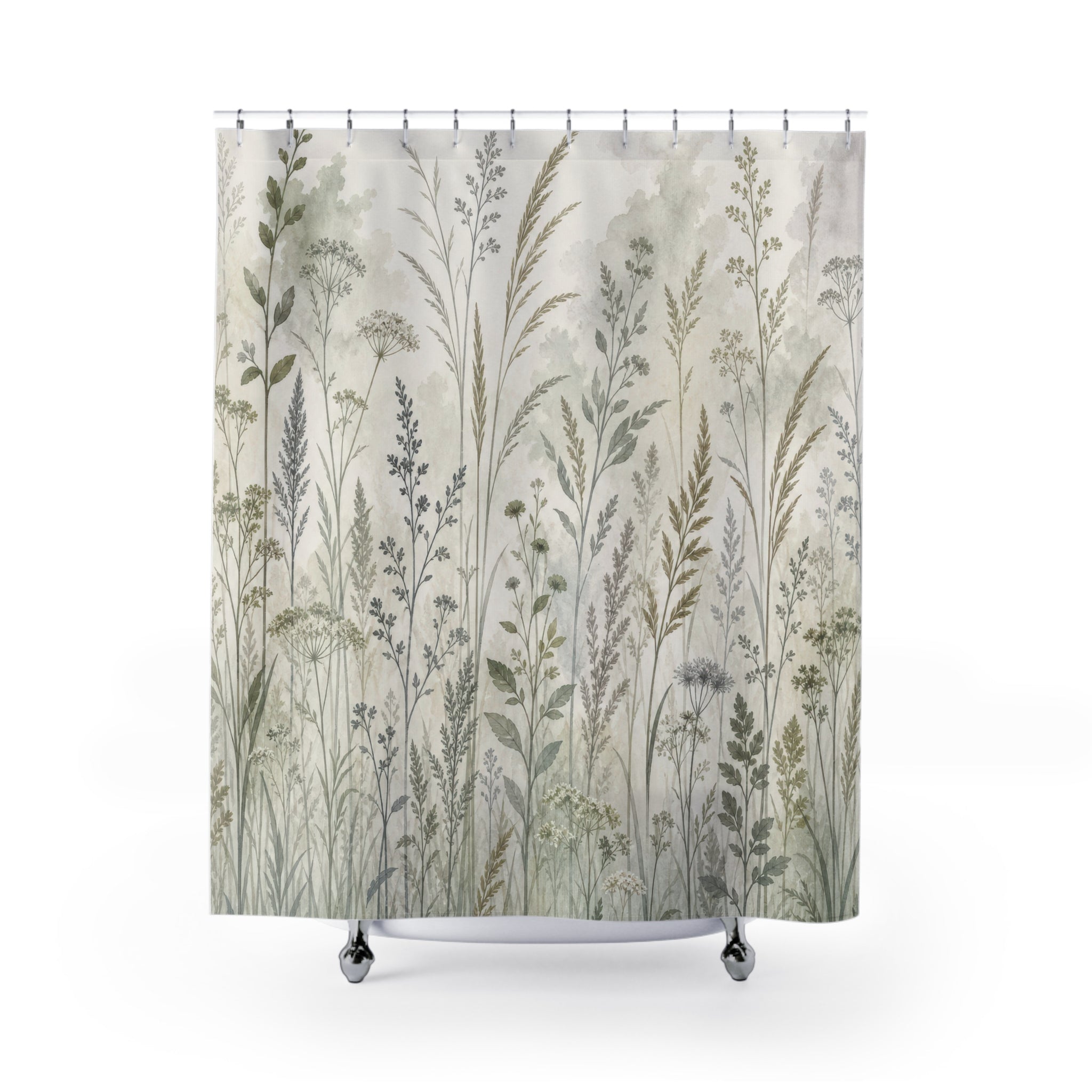 Sage Meadow Shower Curtain, Sage Green Nature Bathroom Decor, Wildflower Botanical Bath Curtain, Guest Bath Decor, Small Bathroom Decor