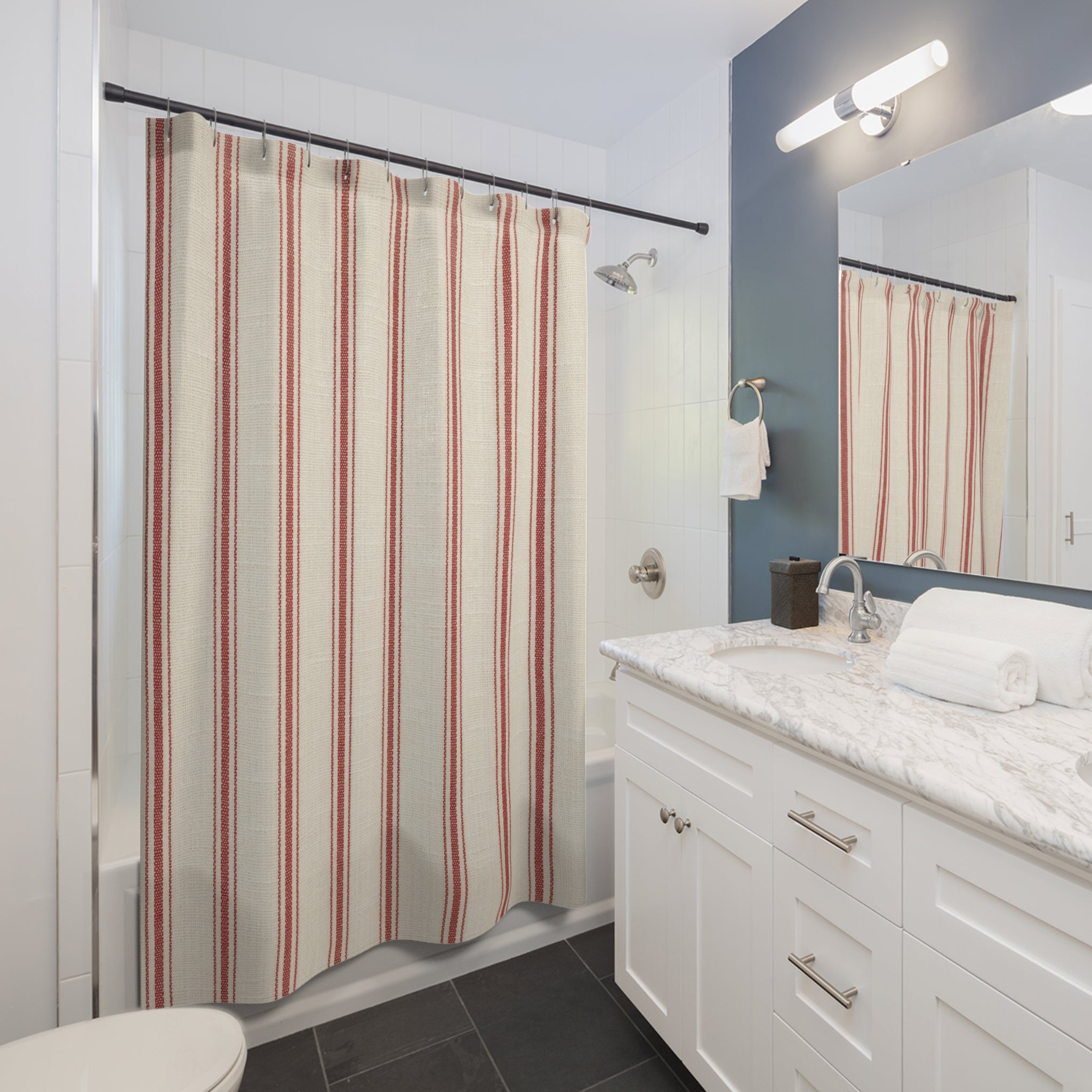 Red White French Ticking Shower Curtain