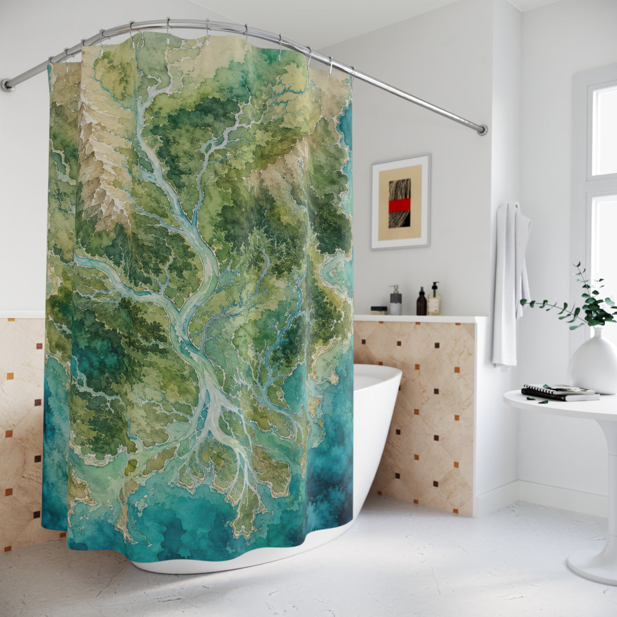 Green watershed watercolor map shower curtain beside a freestanding tub