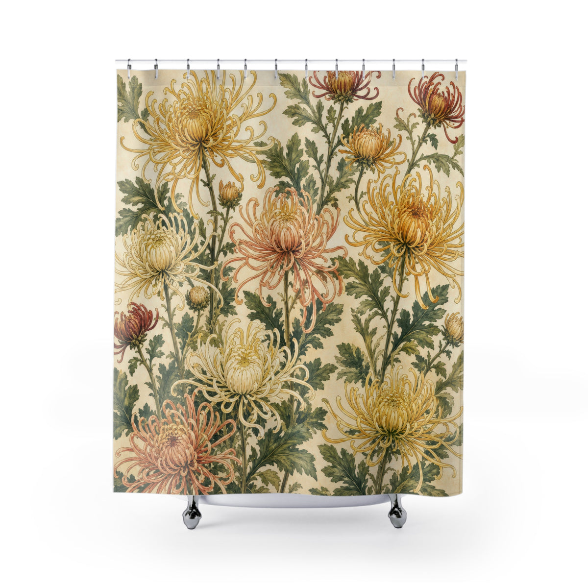 Yellow Cream Floral Botanical chrysanthemum shower curtain with full front view