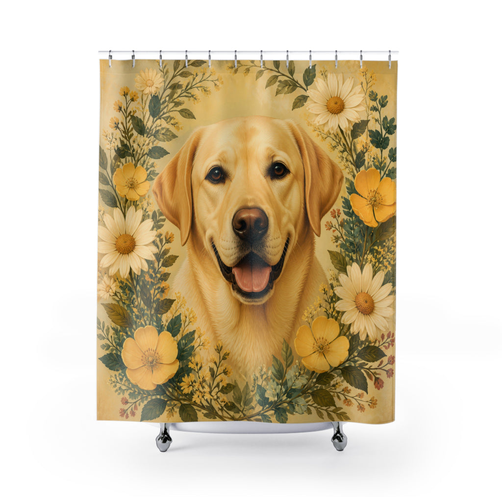 Yellow Labrador portrait framed by cream daisies shower curtain with full front view