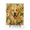 Yellow Labrador portrait framed by cream daisies shower curtain with full front view