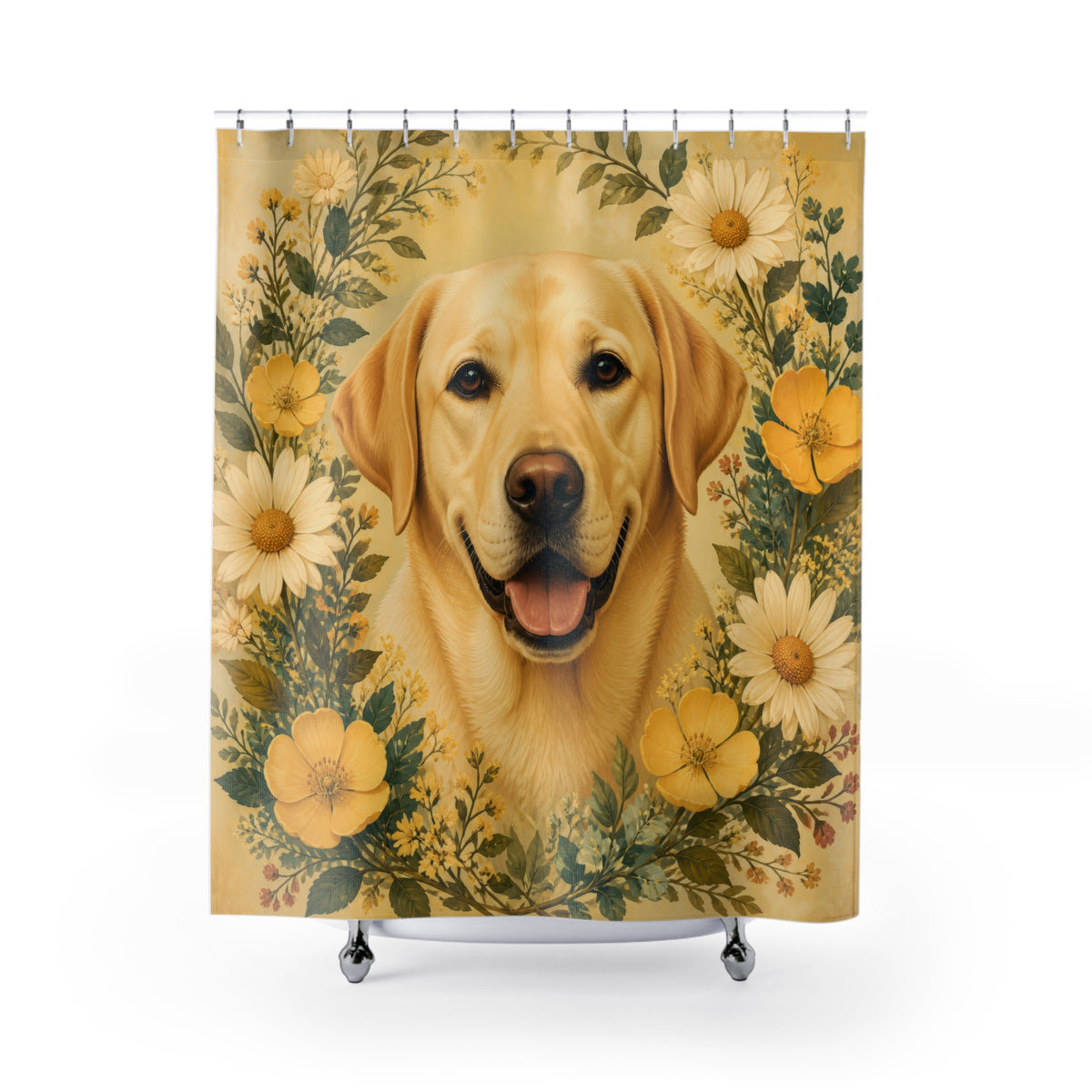 Yellow Labrador portrait framed by cream daisies shower curtain with full front view