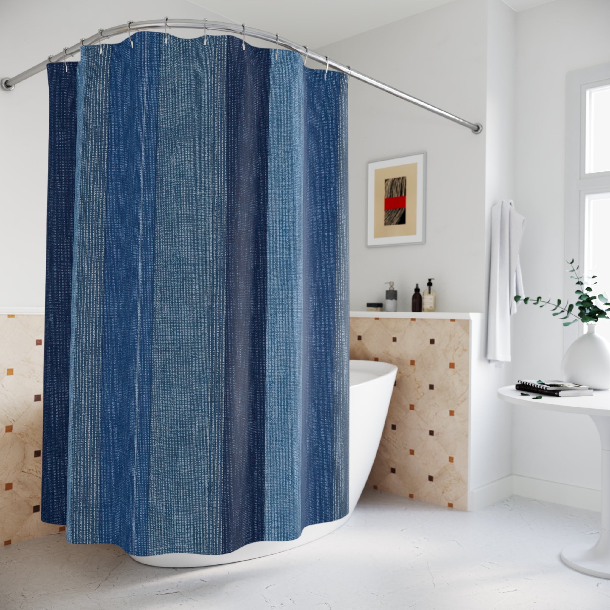 Navy Denim Vertical Stripe Shower Curtain