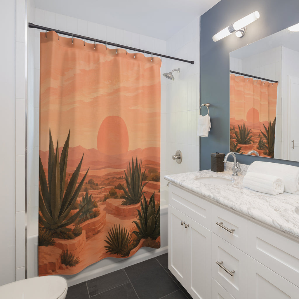 Peachy desert sunset with olive agaves shower curtain beside a white vanity