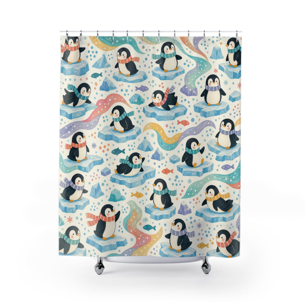 Kids Penguin Shower Curtain, Blue Wave Ocean Animal Pattern, Cute Arctic Bathroom Decor, Playroom Ocean Wall Decor Guest Bath Wall Gift