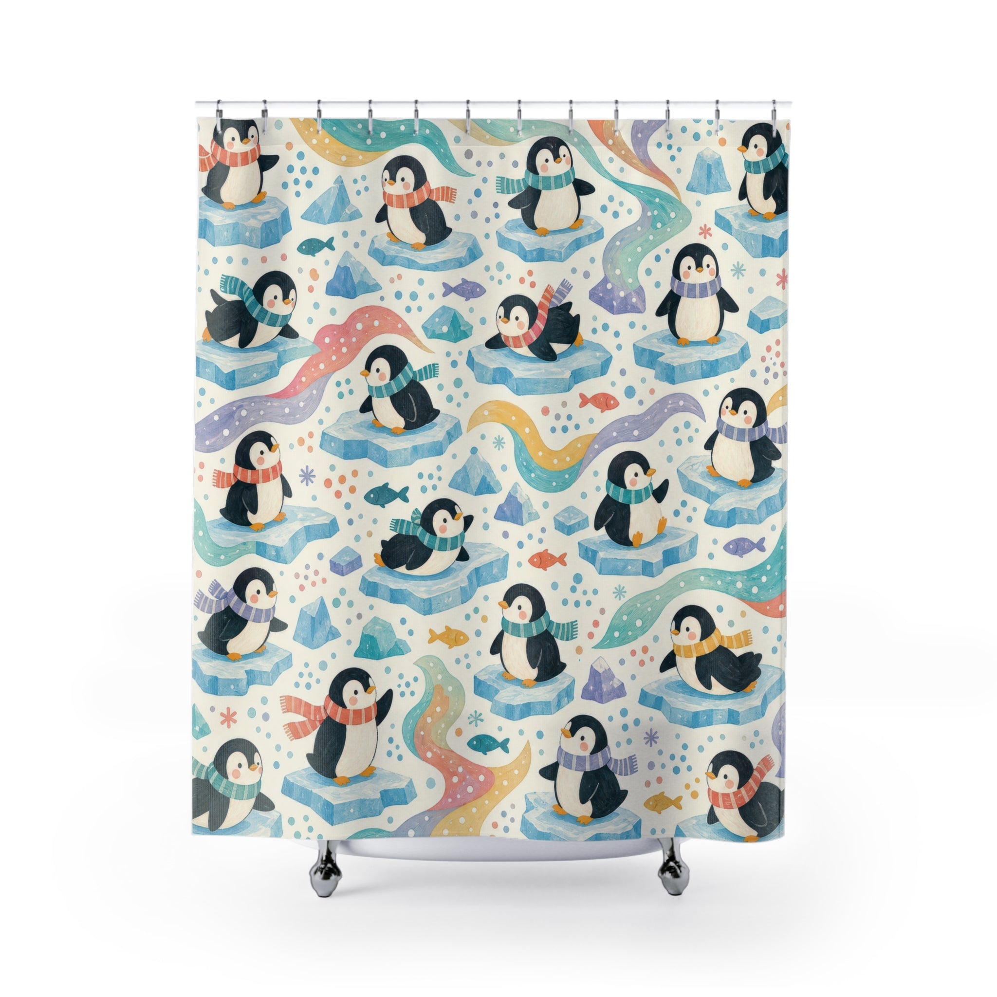 Kids Penguin Shower Curtain, Blue Wave Ocean Animal Pattern, Cute Arctic Bathroom Decor, Playroom Ocean Wall Decor Guest Bath Wall Gift