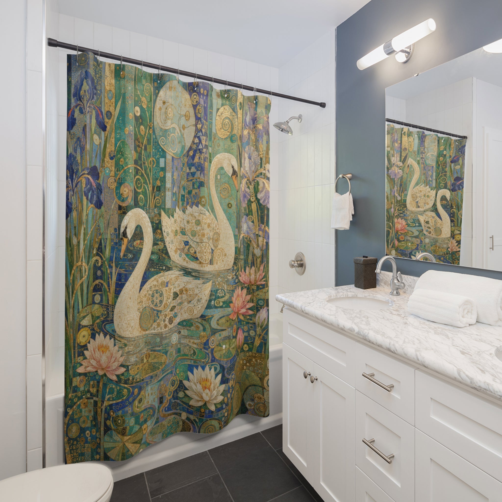 Klimt Inspired Swan Shower Curtain: Nouveau Teal Blue Pond