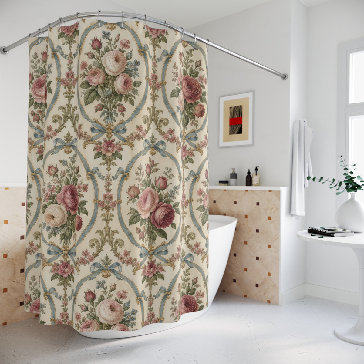 Pink roses in blue ribbon cartouches on warm cream shower curtain beside a freestanding tub