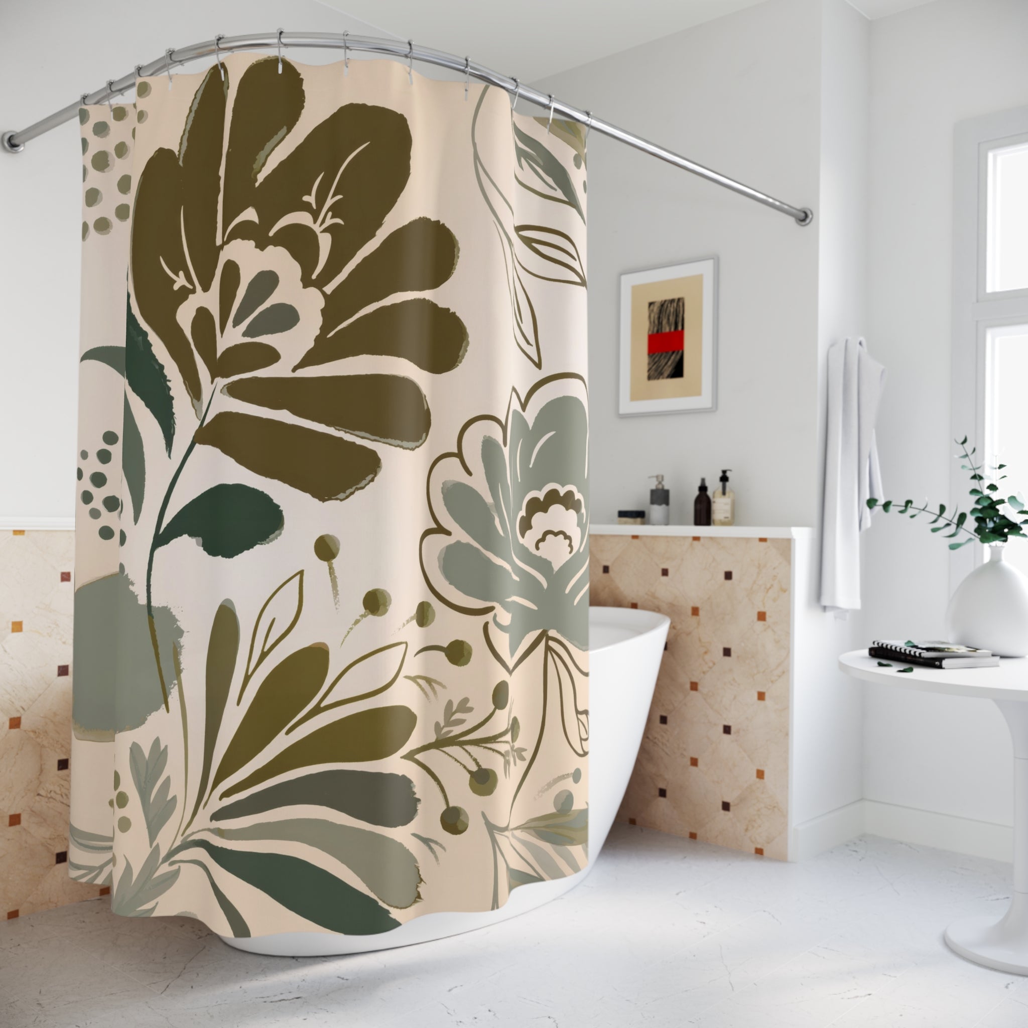 Retro Botanical Shower Curtain — Brown and Green