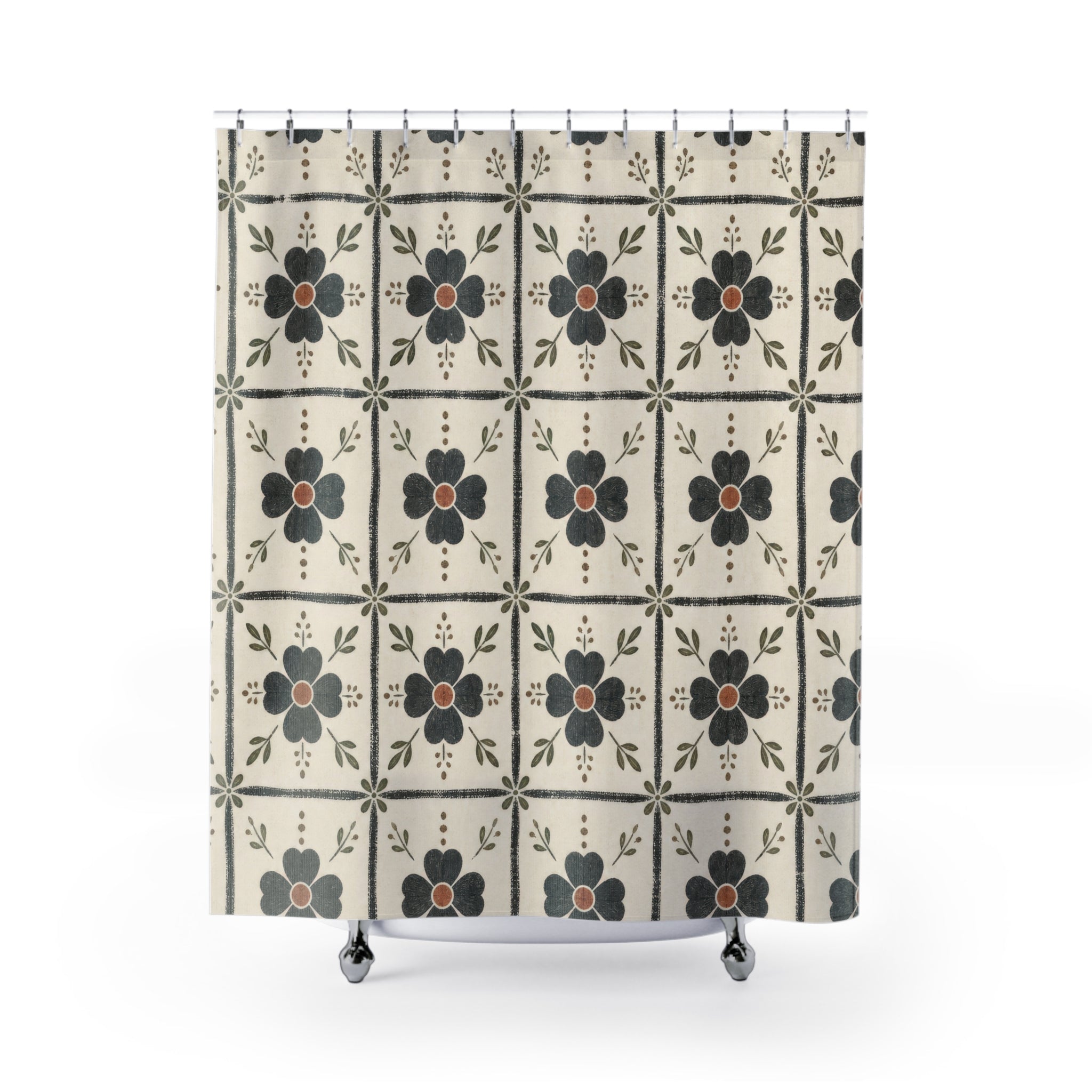 Floral Tile Grid Shower Curtain