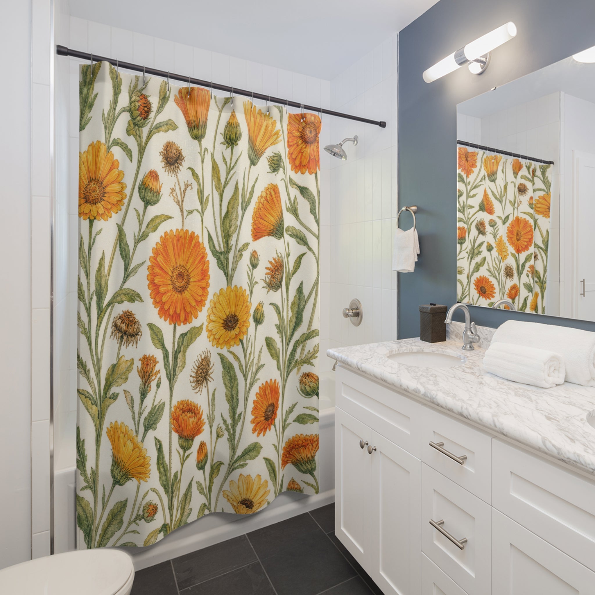 Golden Calendula Orange Yellow Botanical Floral Shower Curtain