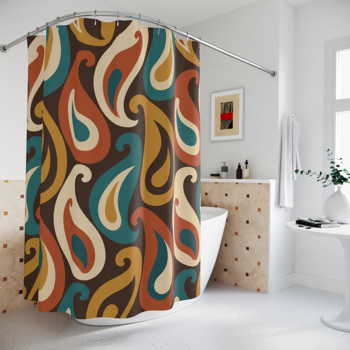 Teal, mustard, rust and cream paisleys on brown shower curtain beside a freestanding tub