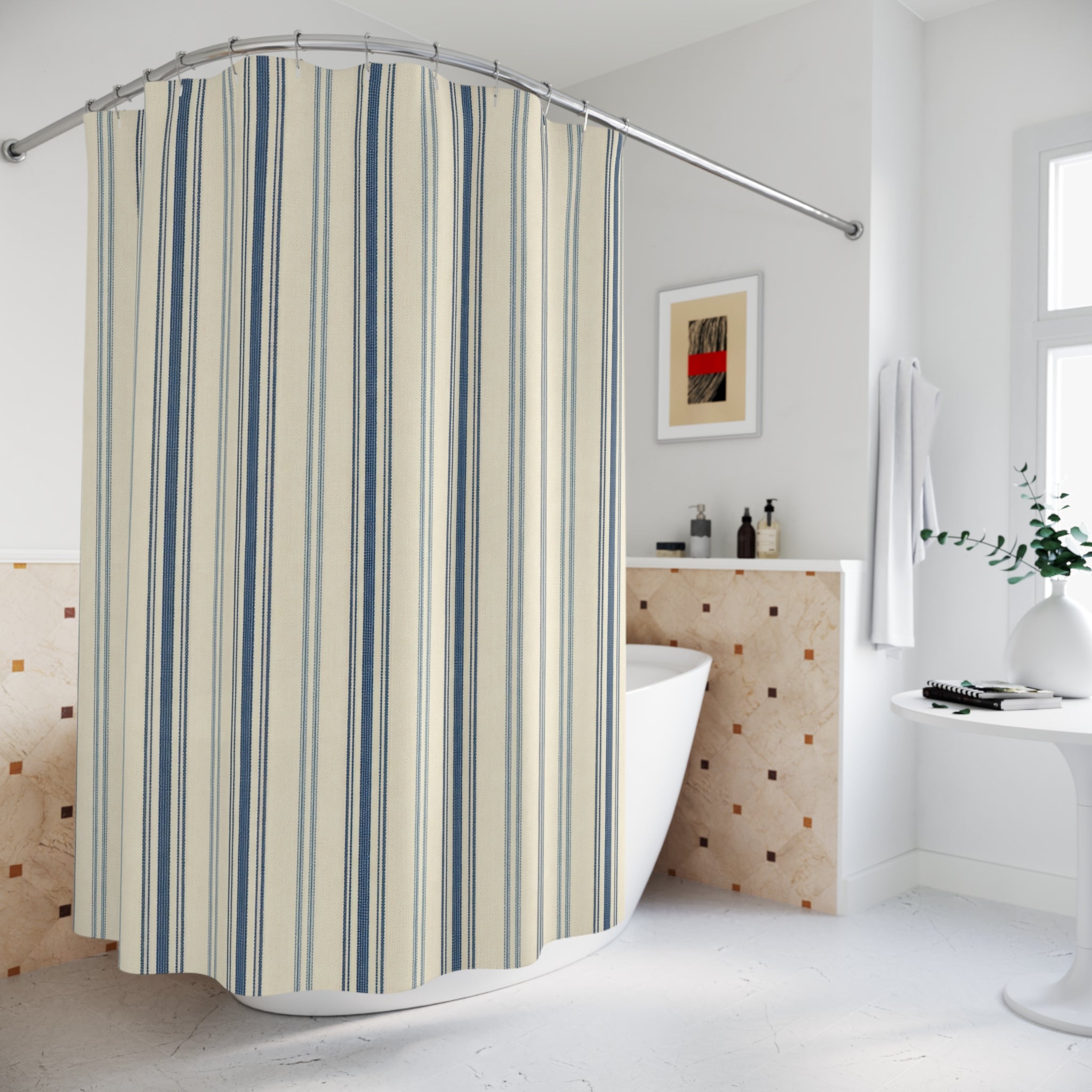 Narrow Navy Ticking Shower Curtain