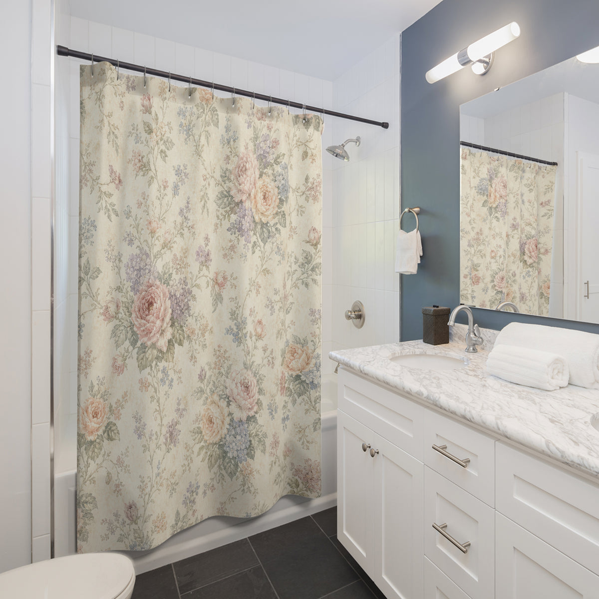 Pink Blue Floral Rose Vintage Botanical shower curtain beside a white vanity