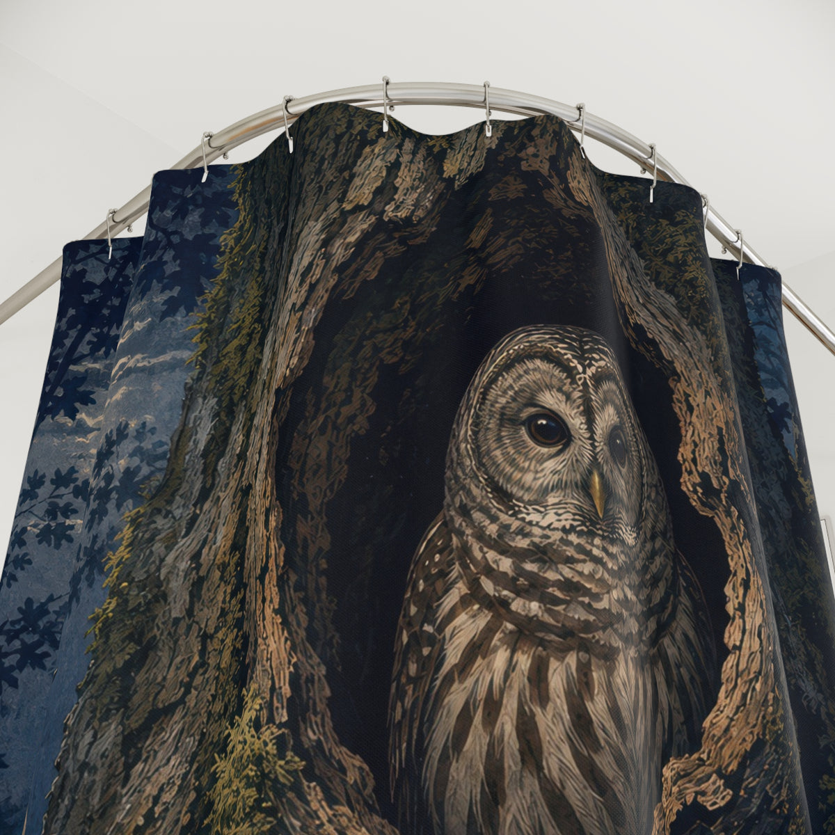 Barred owl woodpecker and wren at an oak hollow shower curtain with close-up print, hooks, and folds