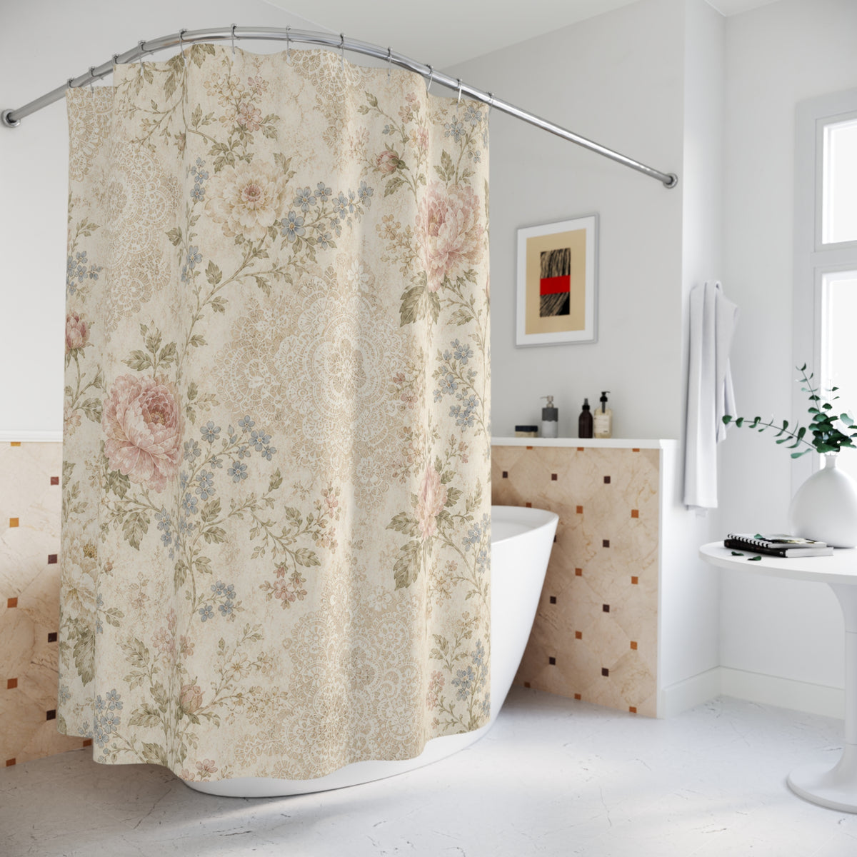 Pink Rose Lace vintage floral shower curtain beside a freestanding tub