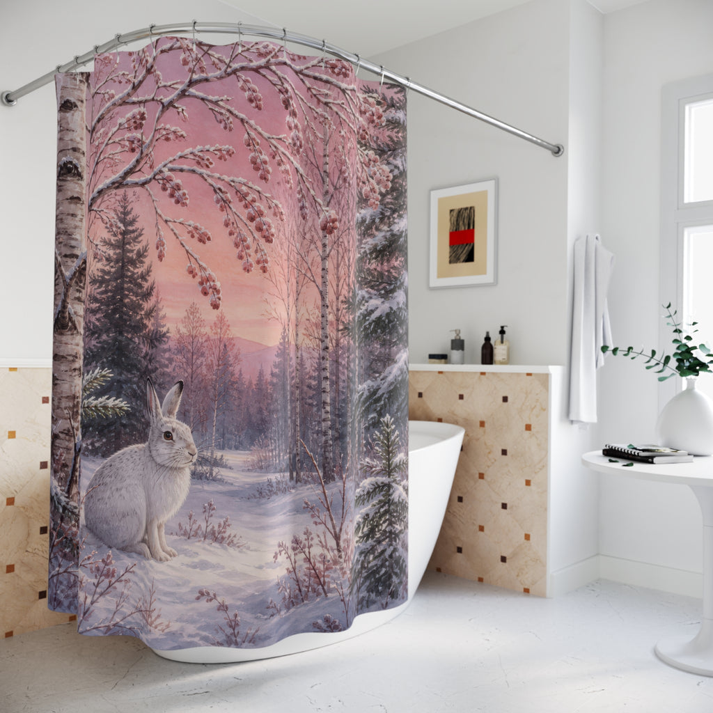 Winter woodland snowshoe hare among birches shower curtain beside a freestanding tub