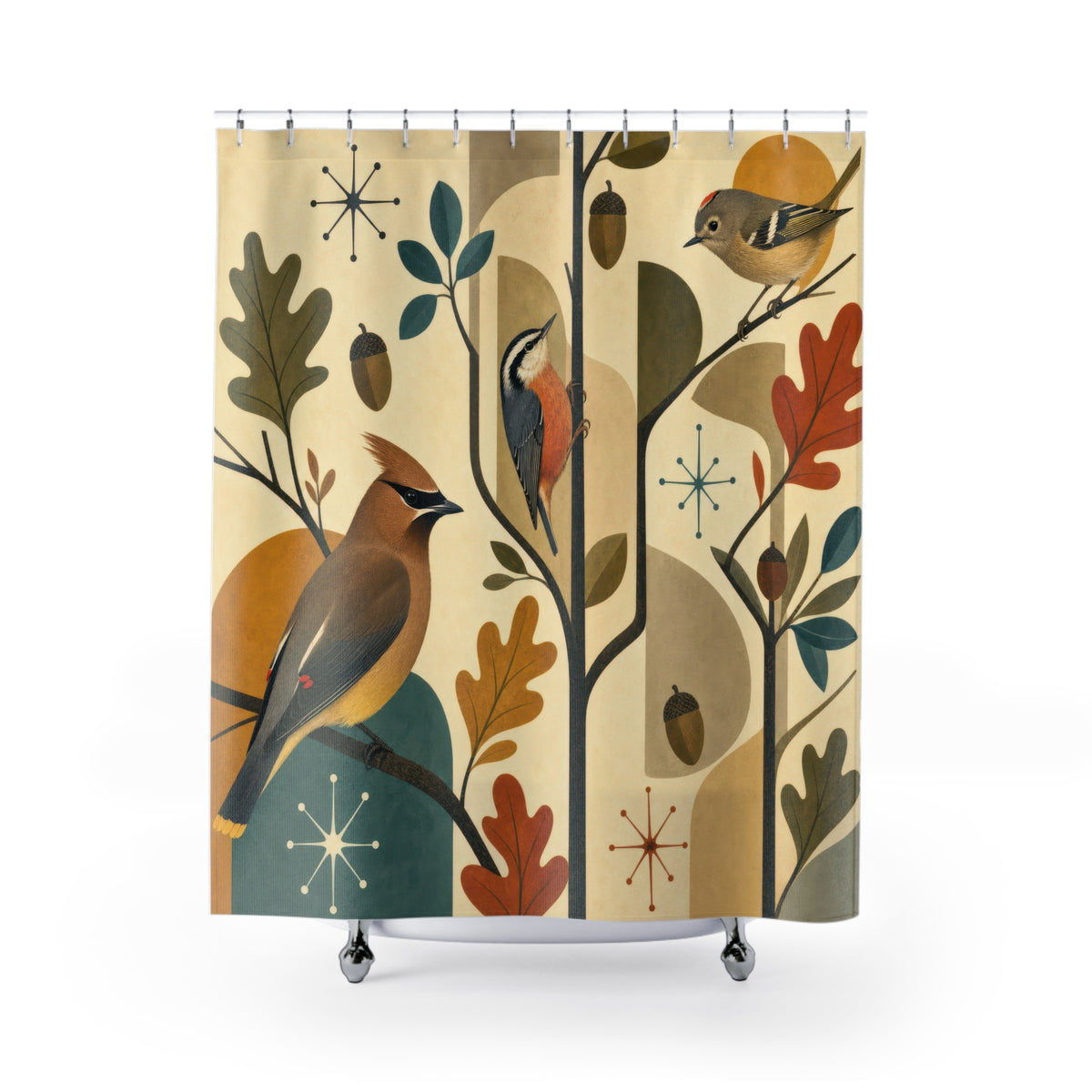 Cedar waxwing nuthatch and kinglet in a retro grove shower curtain with full front view