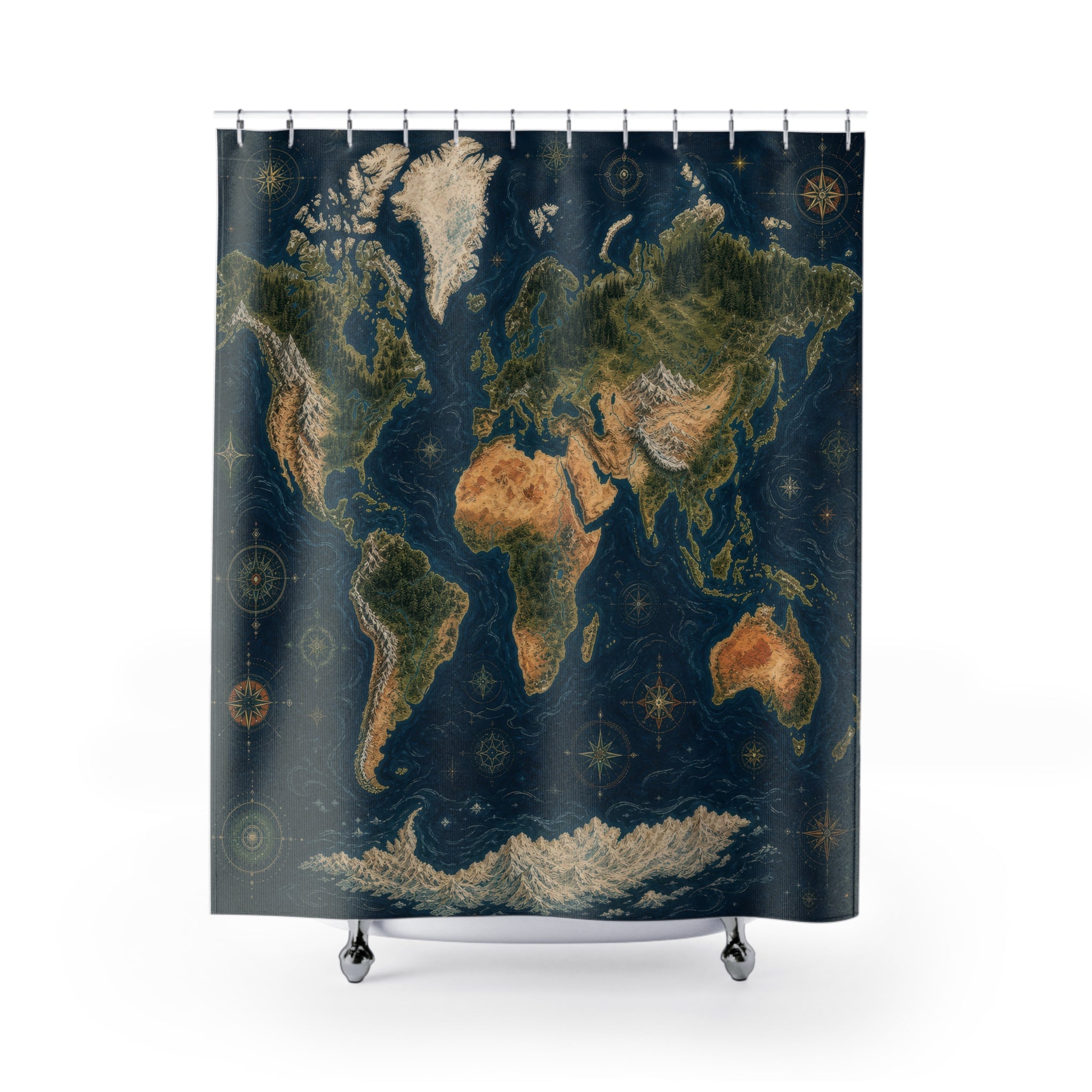 World Map Shower Curtain, Illustrated Botanical Atlas