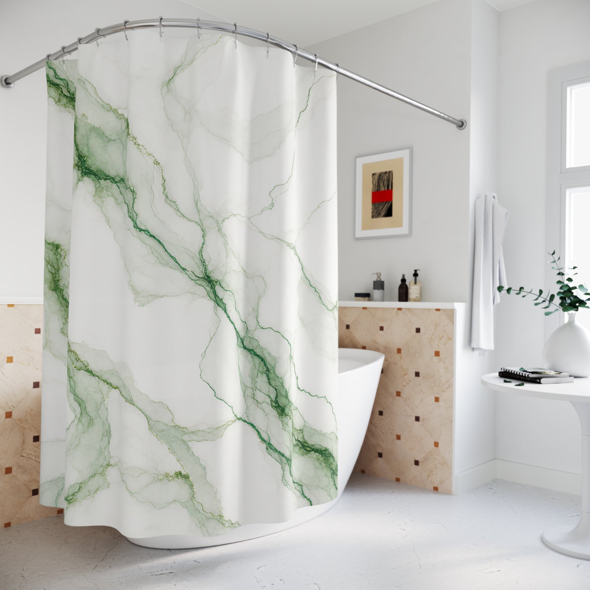 Green White Veined Stone Shower Curtain