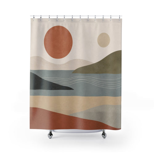 Abstract Landscape terracotta sage blue shower curtain with full front view