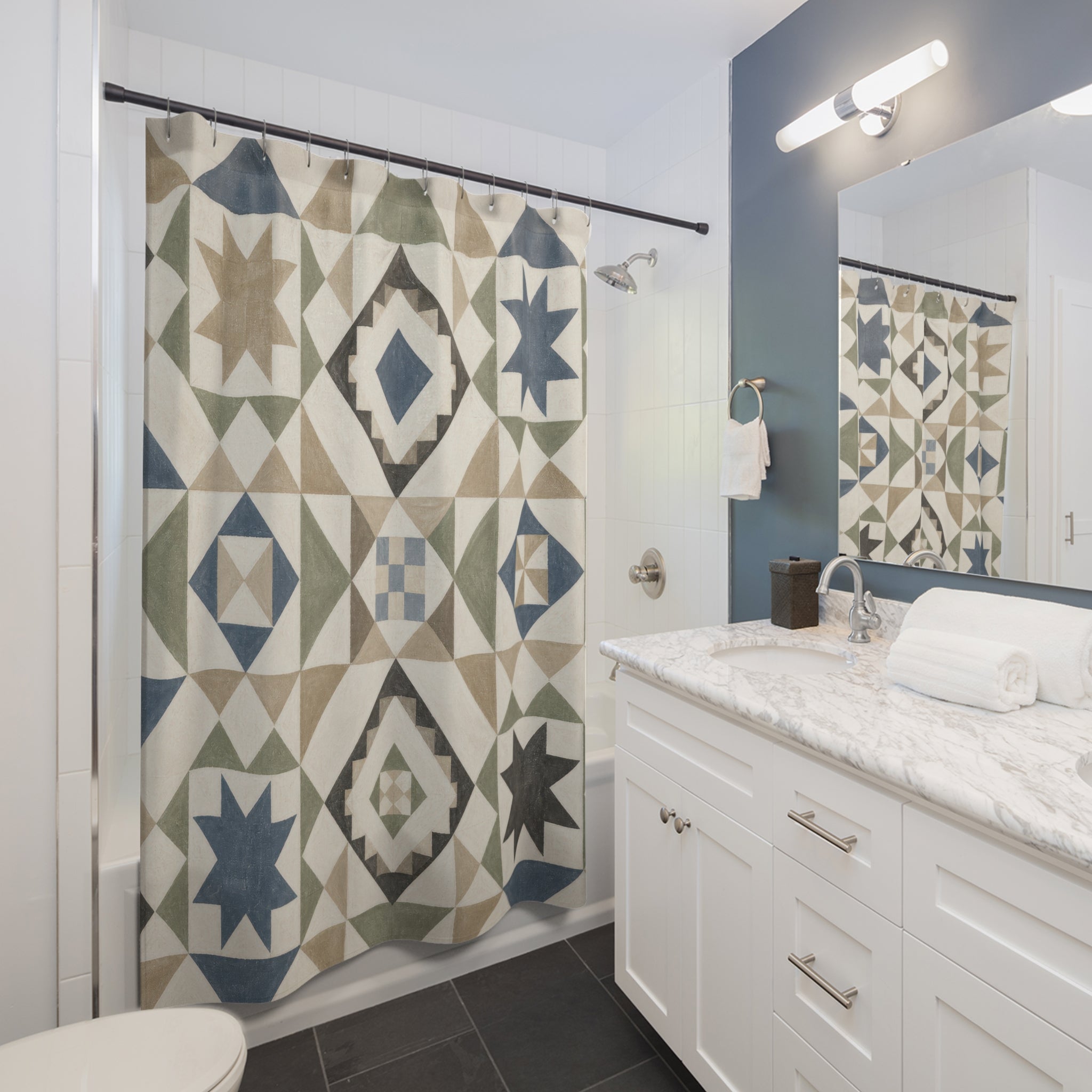Blue Sage Quilt Star Geometric Shower Curtain
