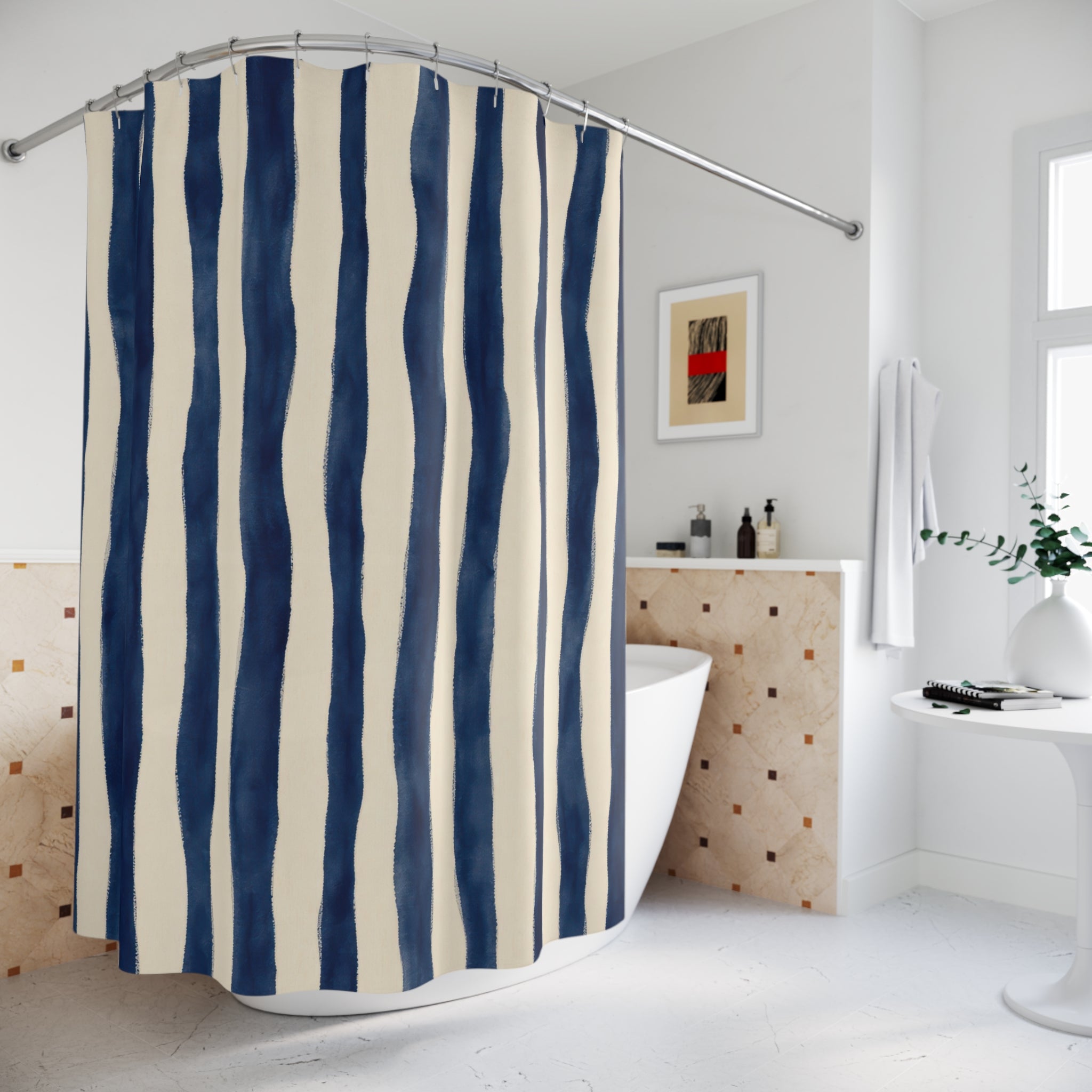 Navy Blue Cream Wavy Stripe Shower Curtain