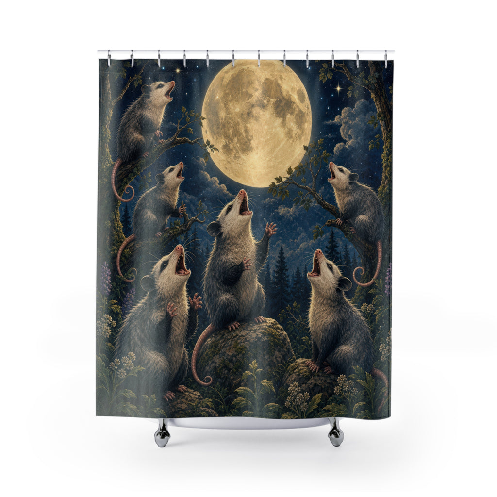 Unique Funny Possum Shower Curtain, Full Moon Opossum Animal Art, Dark Woodland Bathroom Decor, Moonlit Wall Decor Guest Bath Gift For Home