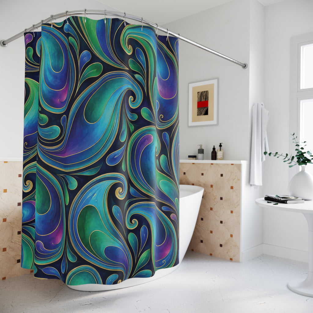 Iridescent teal and violet paisleys with gold-tone outlines shower curtain beside a freestanding tub