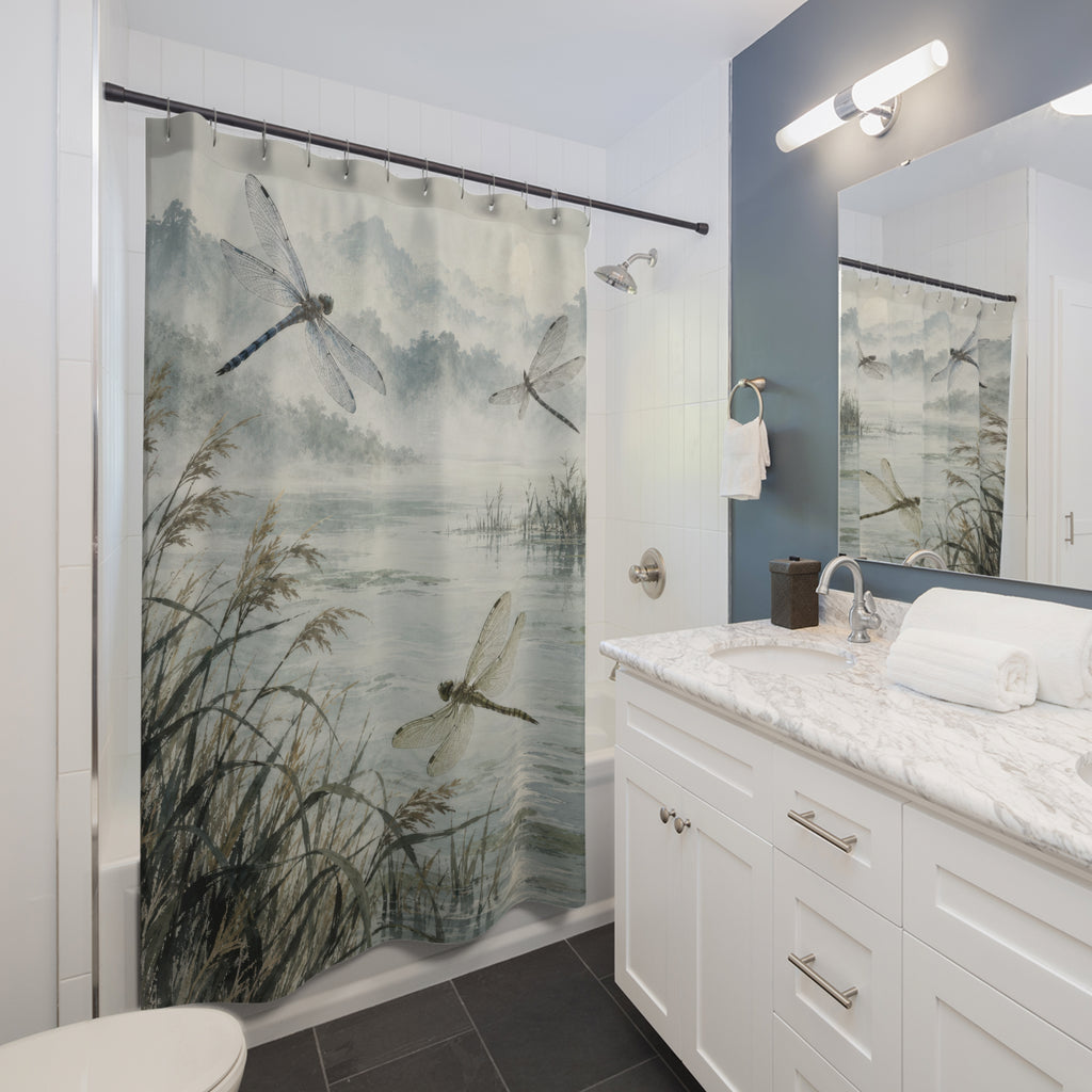 Blue-grey pond and hovering dragonflies shower curtain beside a white vanity