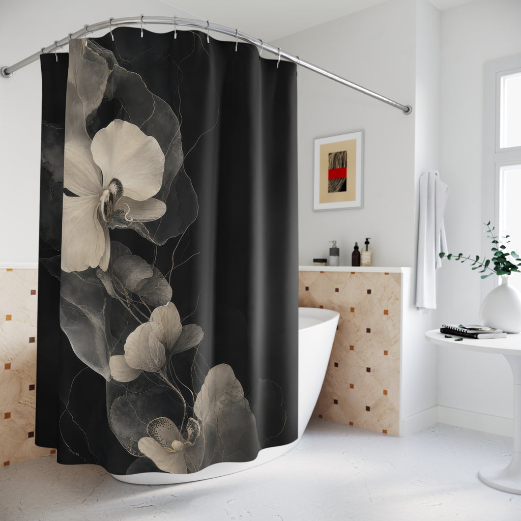Black Floral Shower Curtain, White Orchid Bath Decor, Moody Gray Botanical Pattern, Dark Romantic Modern Guest Bathroom Decor Style
