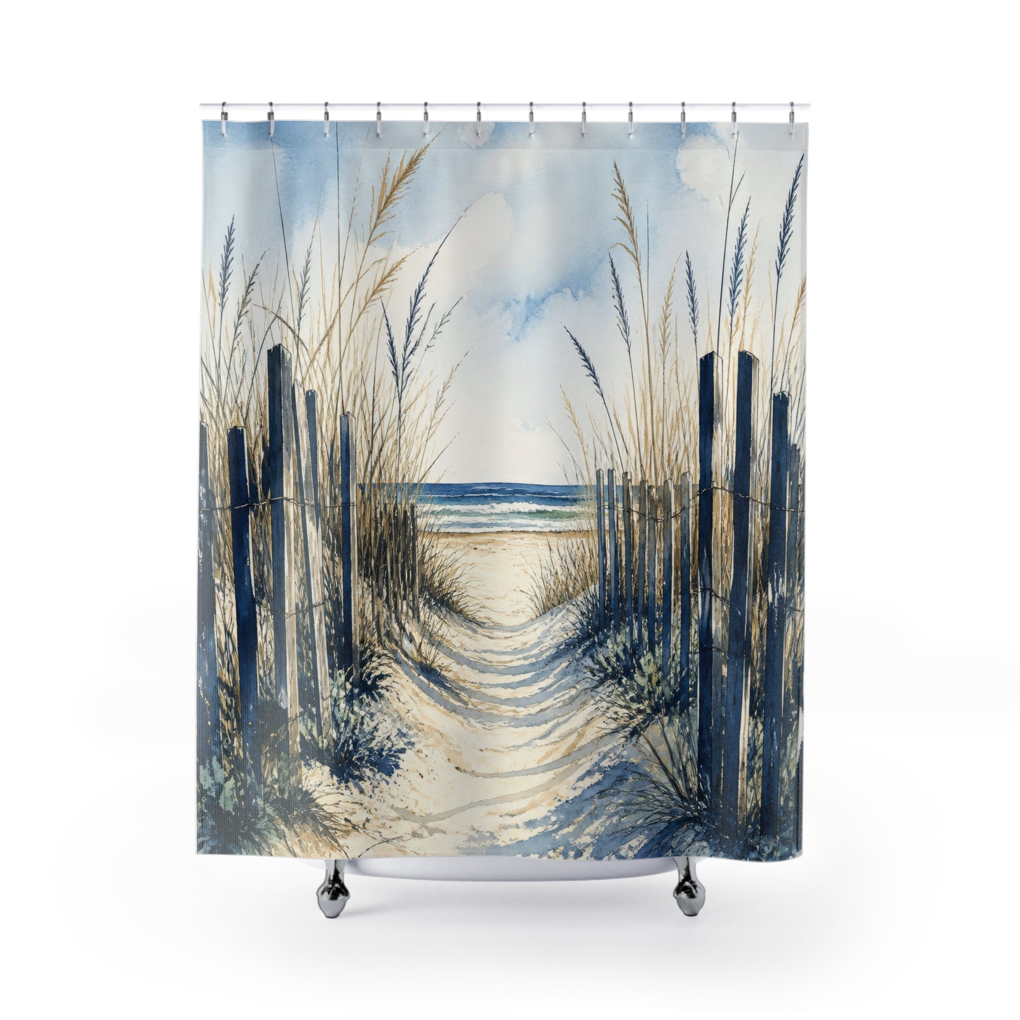 Navy dune fencing along a sandy path to the ocean shower curtain, full front view