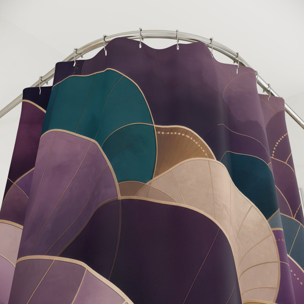 Purple and teal Neo Art Deco fan and scallop cascade shower curtain with close-up print, hooks, and folds