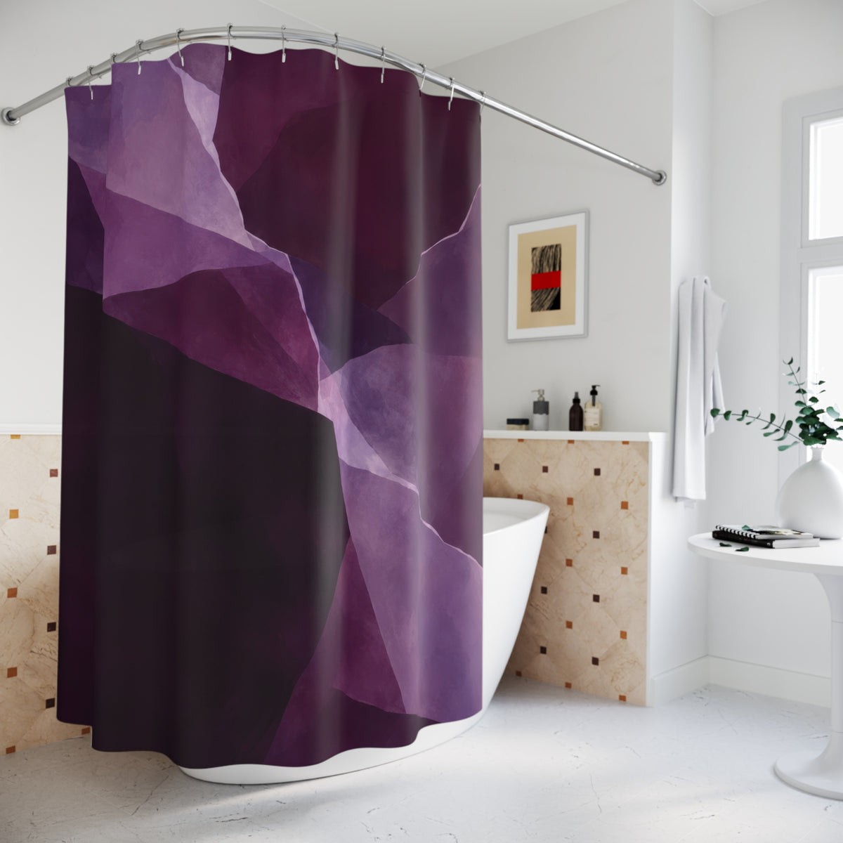 Angular plum and lavender color fields shower curtain beside a freestanding tub