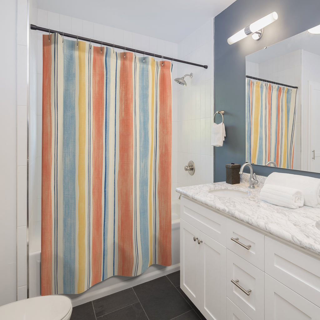 Coral Blue Orange Stripe Shower Curtain