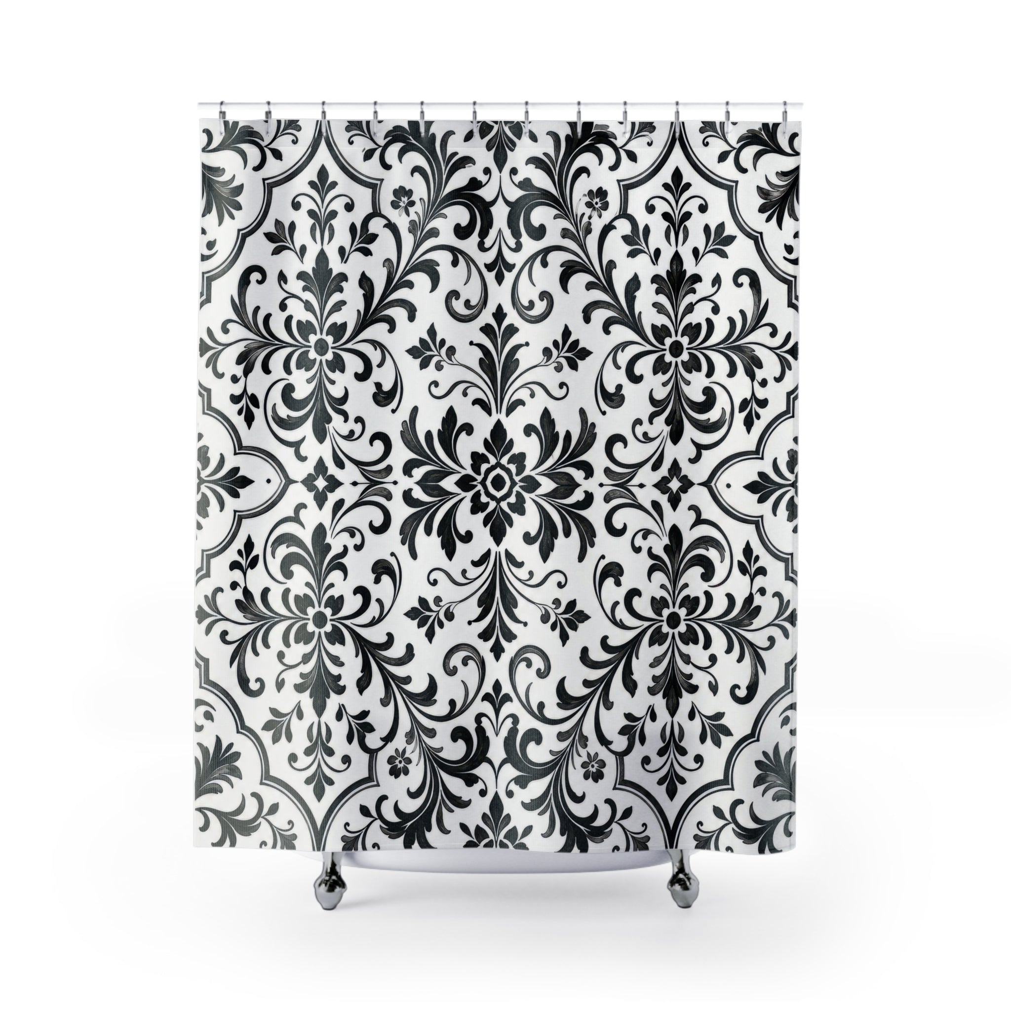 Black White Damask Floral Botanical Scroll Vintage Shower Curtain