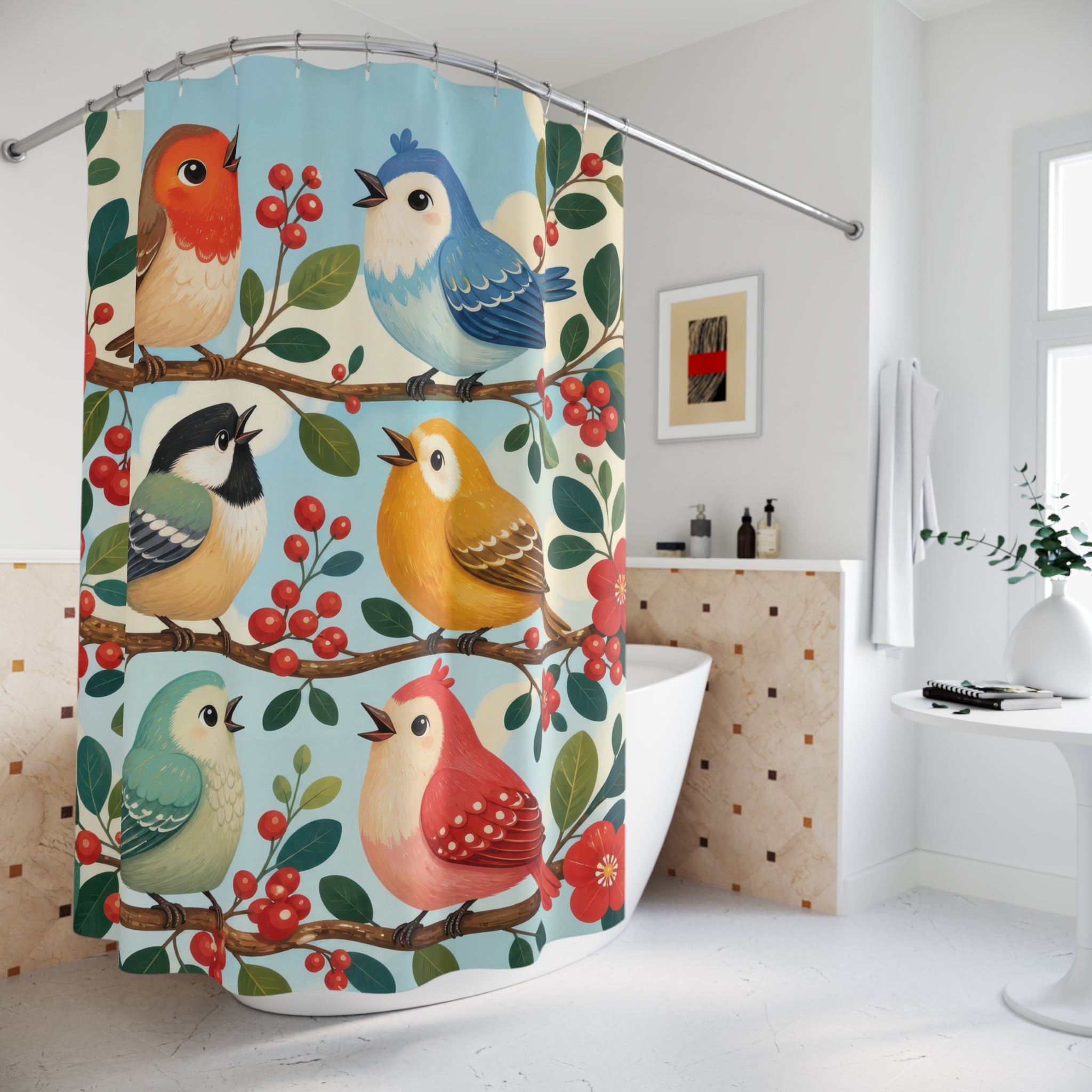 Colorful round songbirds singing on tiered berry branches shower curtain styled beside a freestanding tub