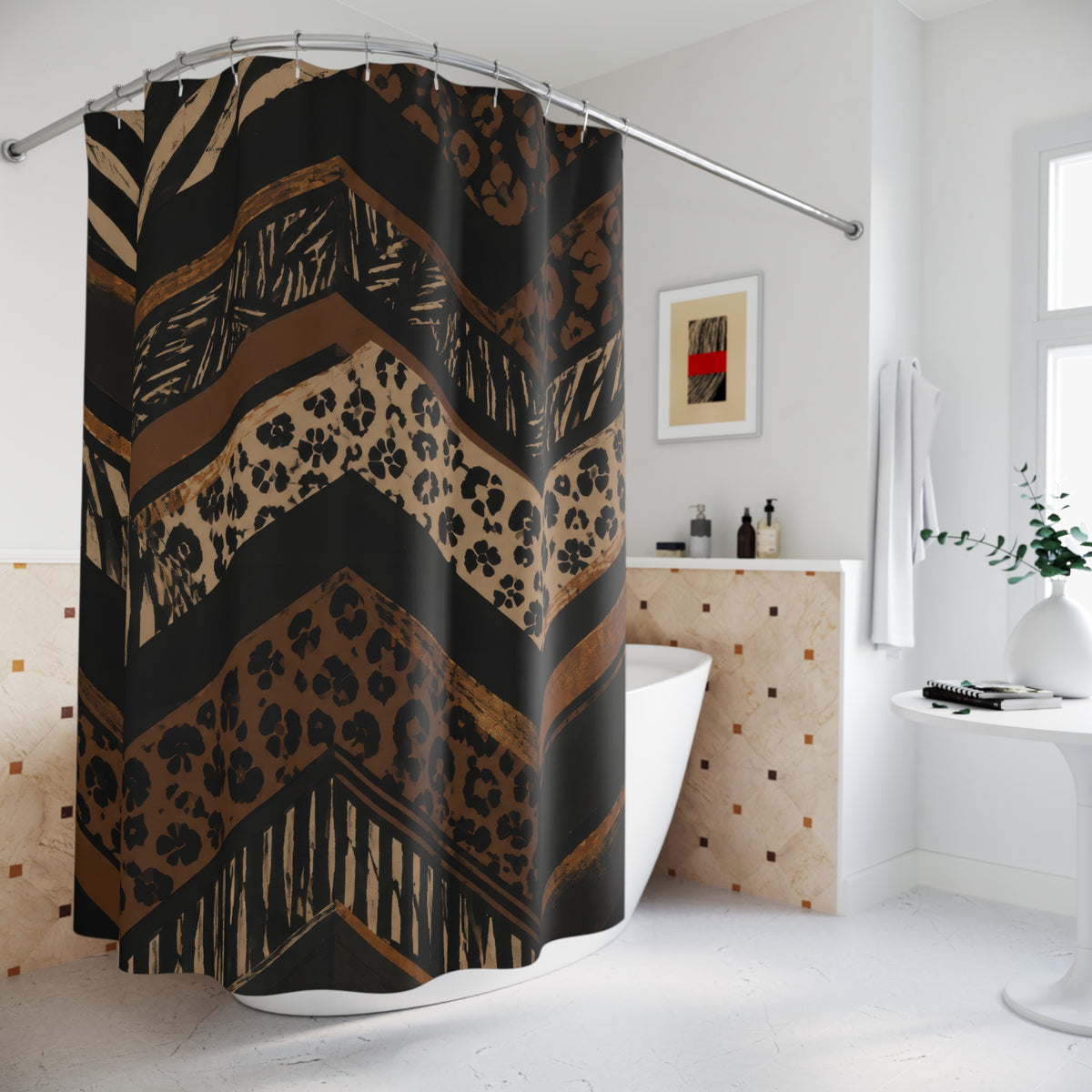 Black and saddle animal prints in layered chevrons shower curtain beside a freestanding tub