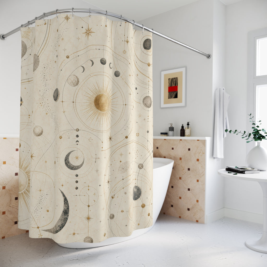 Astrology Shower Curtain, Cream Celestial Sun Moon Chart Pattern, Boho Bathroom Decor, Mystical Guest Bath Neutral Star Style