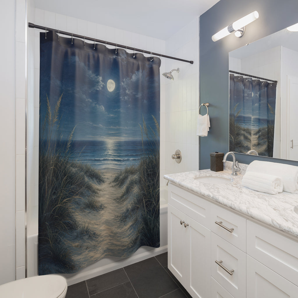 Moonlit Navy Beach Shower Curtain