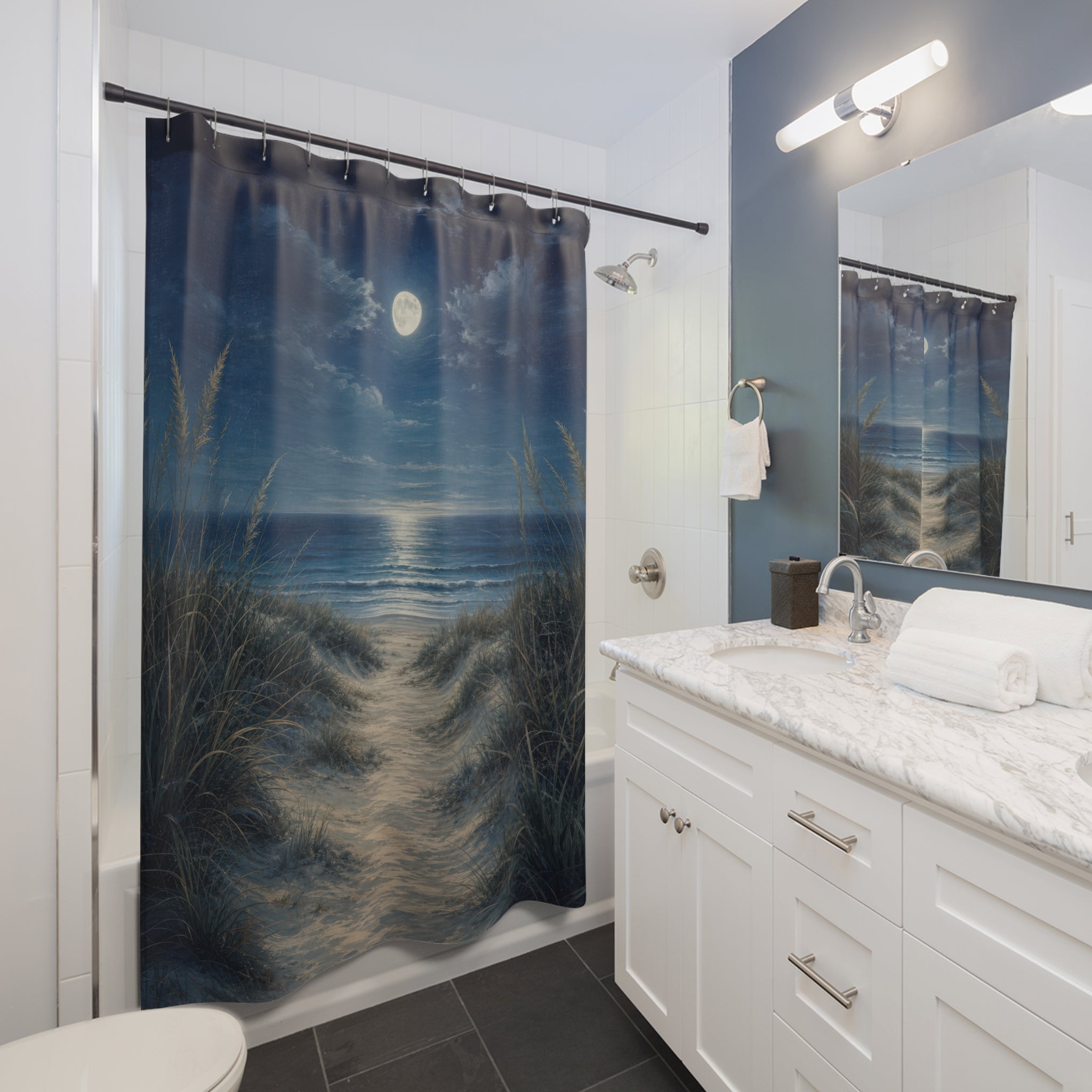 Moonlit Navy Beach Shower Curtain