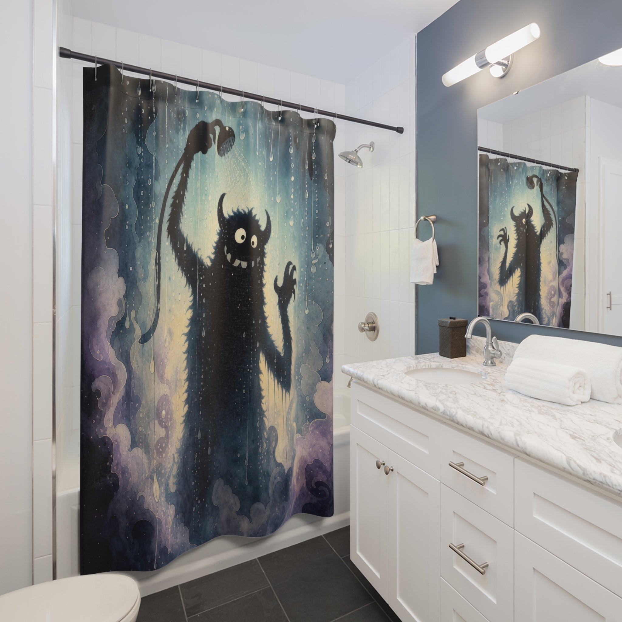Unique Funny Shower Curtain, Shadow Monster Rain Art, Spooky Blue Bathroom Humor, Weird Creature Guest Bath Wall Decor Gift For Home