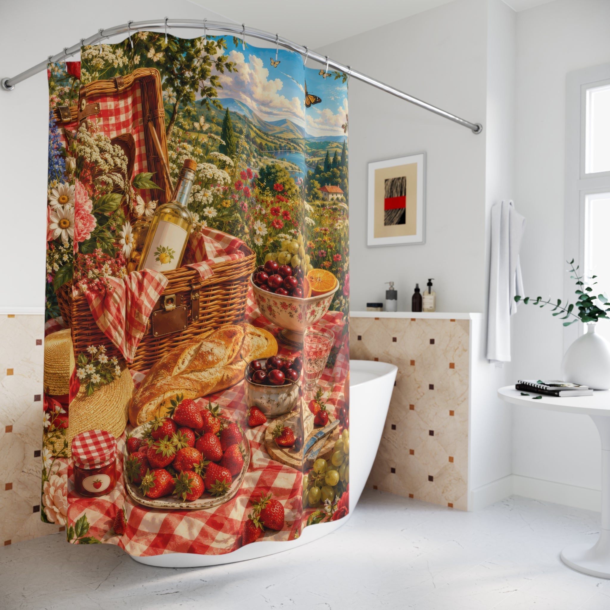 Picnic Shower Curtain: Red Gingham Strawberries